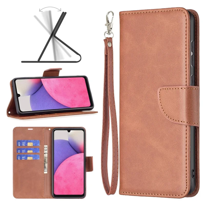 For Samsung Galaxy A33 5G Textured PU Leather Full Protective Wallet Stand Phone Cover with Strap - Brown