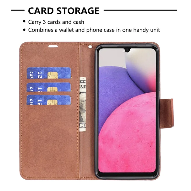 For Samsung Galaxy A33 5G Textured PU Leather Full Protective Wallet Stand Phone Cover with Strap - Brown