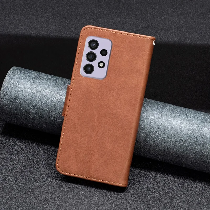 For Samsung Galaxy A33 5G Textured PU Leather Full Protective Wallet Stand Phone Cover with Strap - Brown