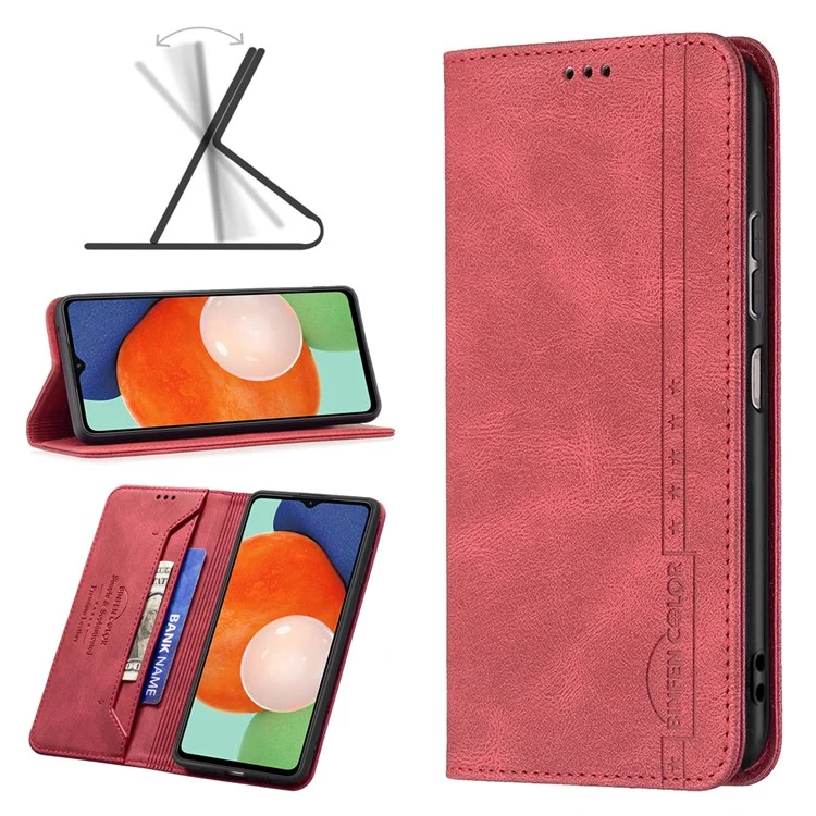 BINFEN COLOR BF08 PU Leather Flip Case for Samsung Galaxy A13 4G / A13 5G / A04 4G (164.4 x 76.3 x 9.1 mm), RFID Blocking Wallet Phone Cover - Red