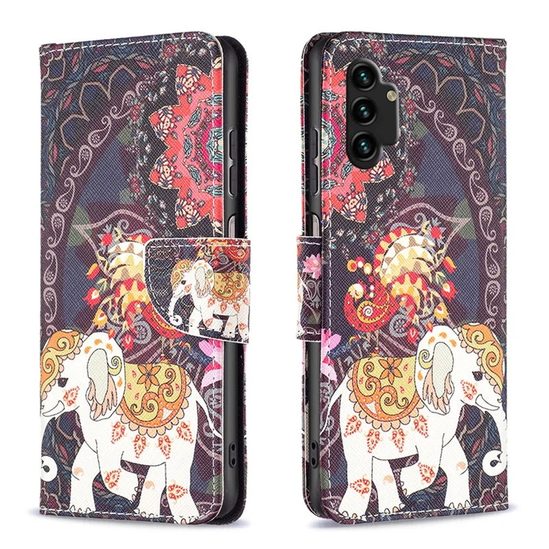 For Samsung Galaxy A13 4G / A13 5G / A04 4G (164.4 x 76.3 x 9.1 mm) Stand Wallet Pattern Cover PU Leather Phone Case - Flower and Elephant