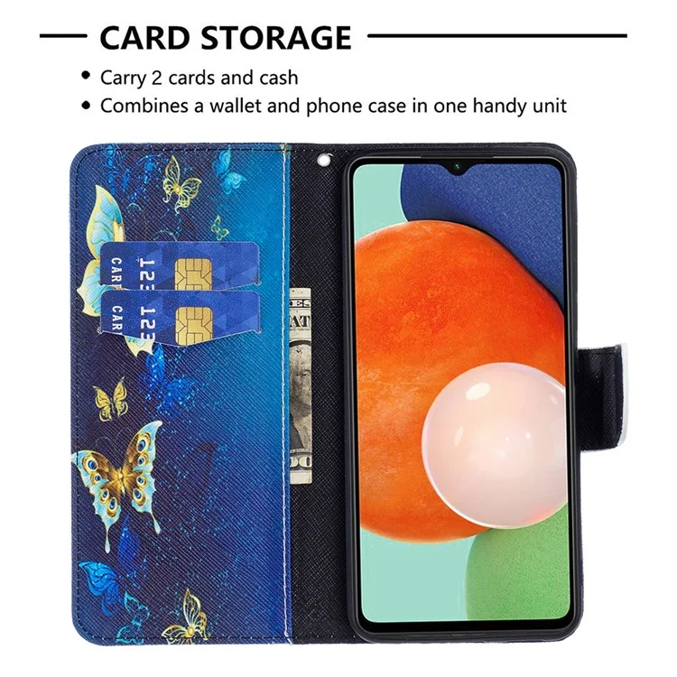 Pour Samsung Galaxy A13 4G / A13 5G / A04 4G (164,4 x 76,3 x 9,1 mm) Stand Wallet Pattern Cover Étui en cuir PU - Papillons dorés