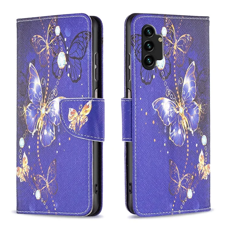 For Samsung Galaxy A13 4G / A13 5G / A04 4G (164.4 x 76.3 x 9.1 mm) Stand Wallet Pattern Cover PU Leather Phone Case - Purple Butterflies