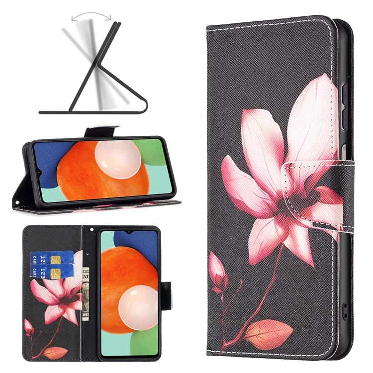 Pour Samsung Galaxy A13 4G / A13 5G / A04 4G (164,4 x 76,3 x 9,1 mm) Stand Wallet Pattern Cover PU Leather Flip Phone Case - Lotus