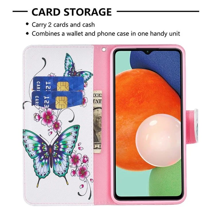Pour Samsung Galaxy A13 4G / A13 5G / A04 4G (164,4 x 76,3 x 9,1 mm) Étui de téléphone en cuir PU avec support et motif - Fleur de pêcher