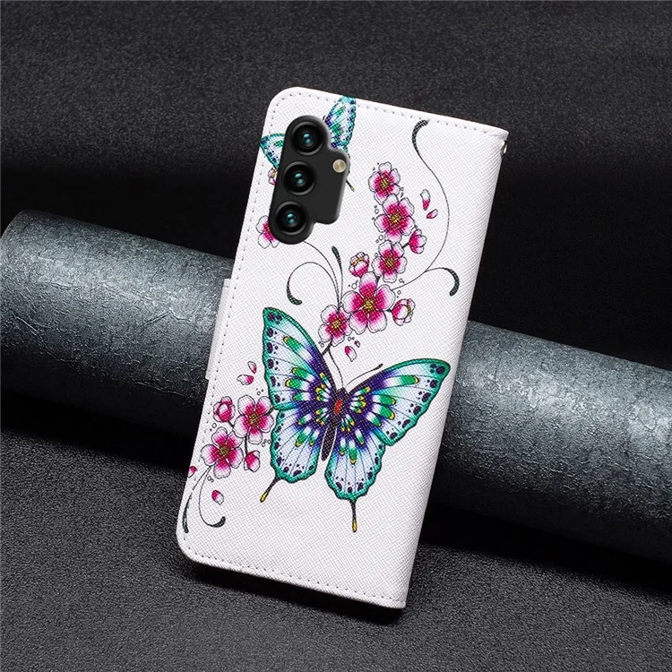Pour Samsung Galaxy A13 4G / A13 5G / A04 4G (164,4 x 76,3 x 9,1 mm) Étui de téléphone en cuir PU avec support et motif - Fleur de pêcher