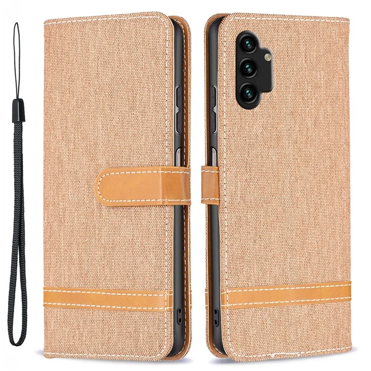 Für Samsung Galaxy A13 4G / A13 5G / A04 4G (164,4 x 76,3 x 9,1 mm) Jeans-Stoff-Textur PU-Leder-Farbabstimmung Brieftasche Cover - Braun
