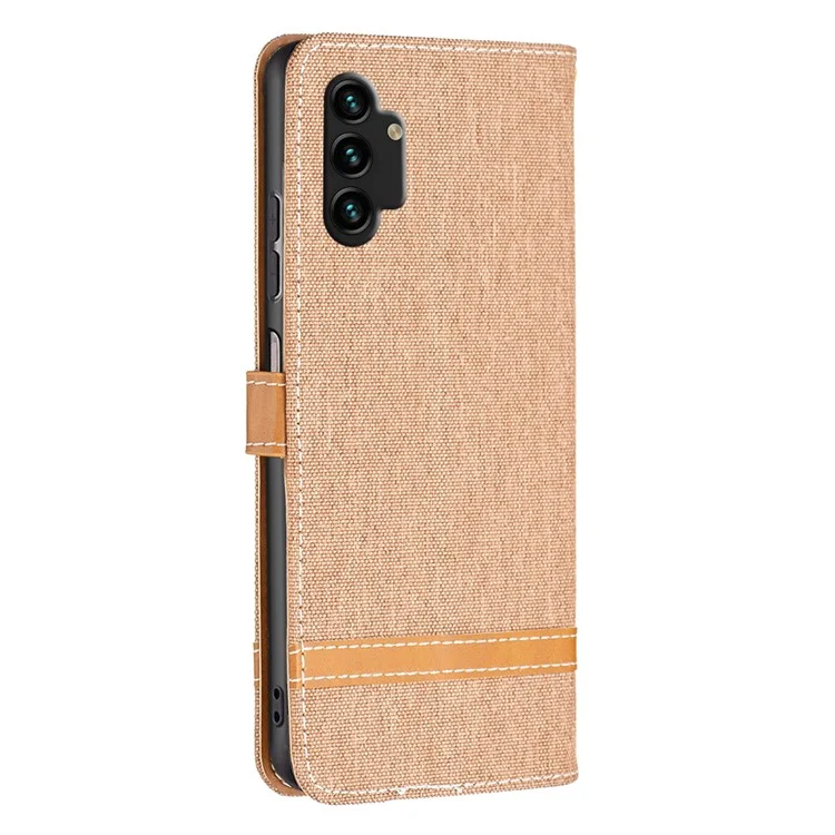 Für Samsung Galaxy A13 4G / A13 5G / A04 4G (164,4 x 76,3 x 9,1 mm) Jeans-Stoff-Textur PU-Leder-Farbabstimmung Brieftasche Cover - Braun