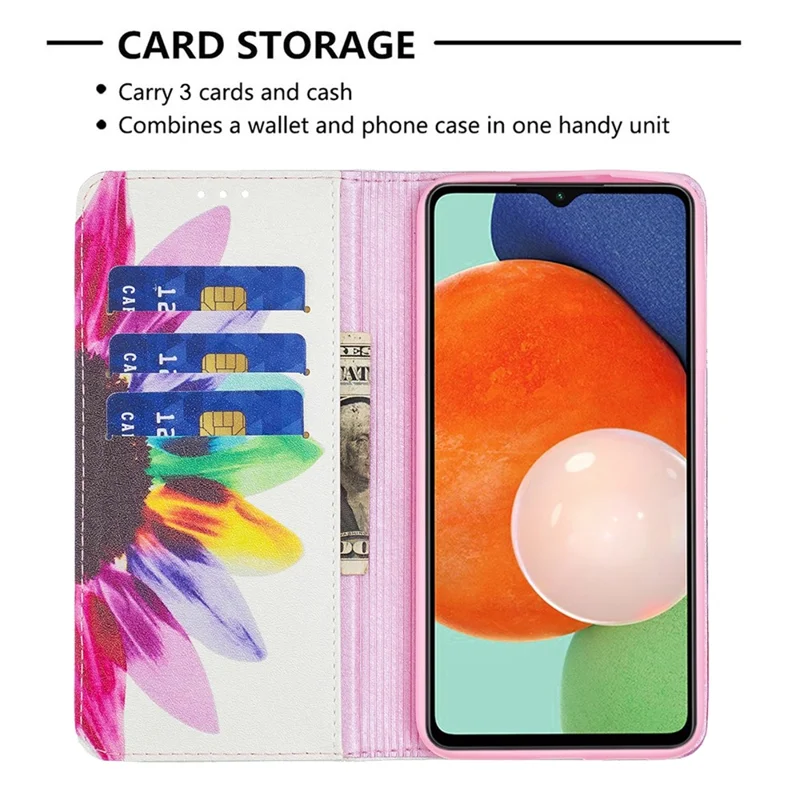 Magnetic Auto-absorbed Cover for Samsung Galaxy A13 4G / A13 5G / A04 4G (164.4 x 76.3 x 9.1 mm), PU Leather Wallet Phone Case - Sunflower