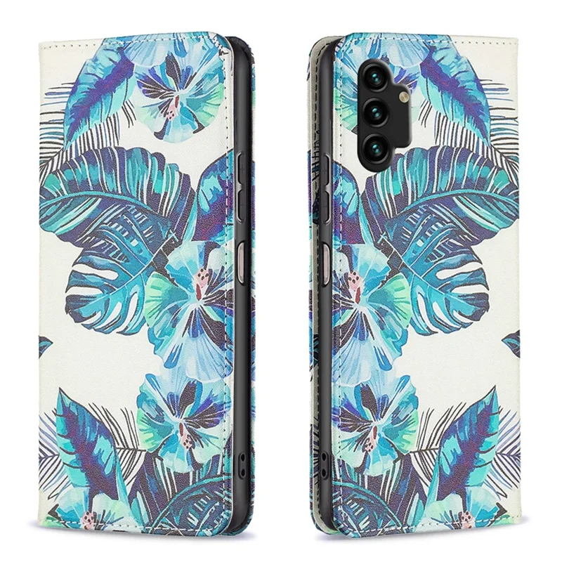 Magnetic Auto-absorbed Cover for Samsung Galaxy A13 4G / A13 5G / A04 4G (164.4 x 76.3 x 9.1 mm), PU Leather Wallet Phone Case - Blue Leaves