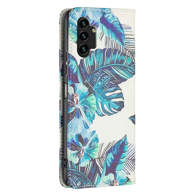 Magnetic Auto-absorbed Cover for Samsung Galaxy A13 4G / A13 5G / A04 4G (164.4 x 76.3 x 9.1 mm), PU Leather Wallet Phone Case - Blue Leaves