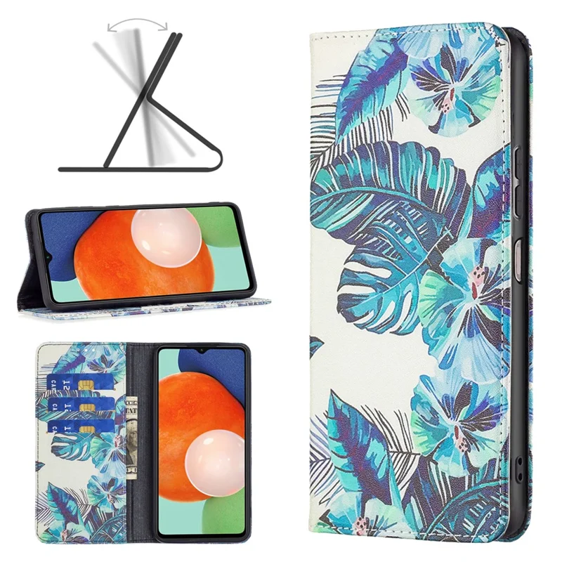 Magnetic Auto-absorbed Cover for Samsung Galaxy A13 4G / A13 5G / A04 4G (164.4 x 76.3 x 9.1 mm), PU Leather Wallet Phone Case - Blue Leaves