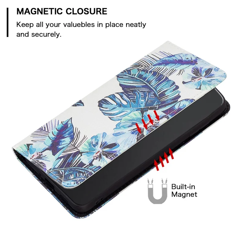 Magnetic Auto-absorbed Cover for Samsung Galaxy A13 4G / A13 5G / A04 4G (164.4 x 76.3 x 9.1 mm), PU Leather Wallet Phone Case - Blue Leaves