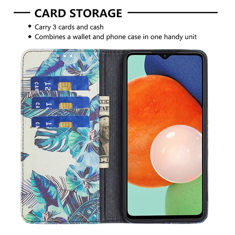 Magnetic Auto-absorbed Cover for Samsung Galaxy A13 4G / A13 5G / A04 4G (164.4 x 76.3 x 9.1 mm), PU Leather Wallet Phone Case - Blue Leaves