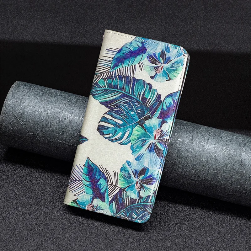 Magnetic Auto-absorbed Cover for Samsung Galaxy A13 4G / A13 5G / A04 4G (164.4 x 76.3 x 9.1 mm), PU Leather Wallet Phone Case - Blue Leaves