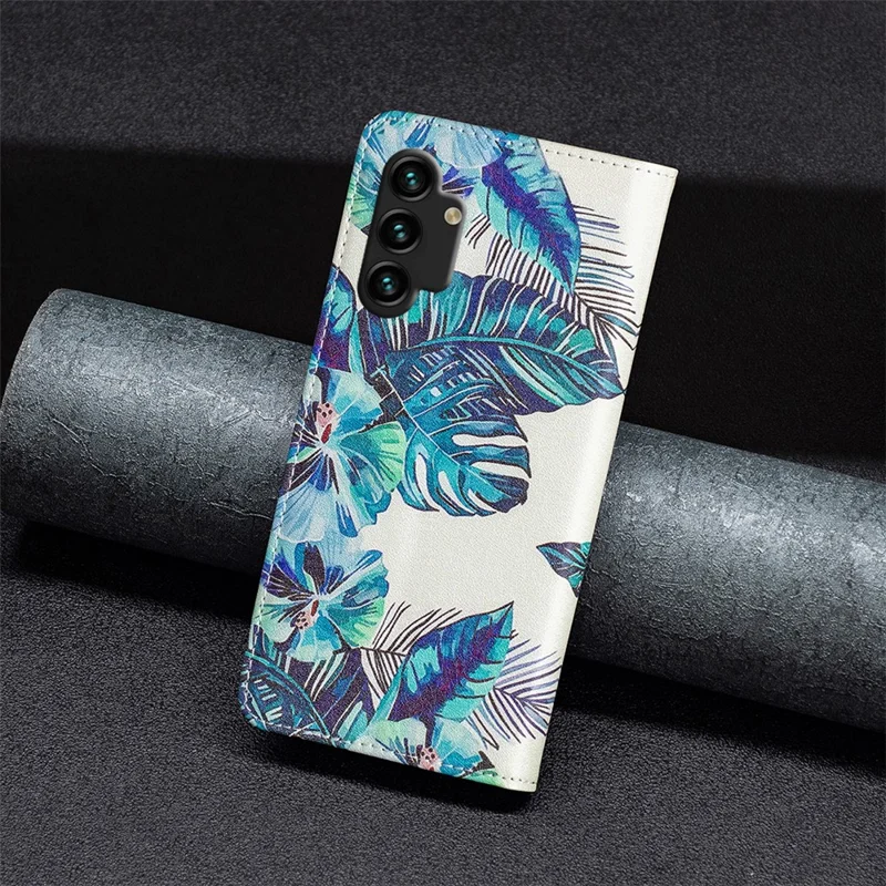 Magnetic Auto-absorbed Cover for Samsung Galaxy A13 4G / A13 5G / A04 4G (164.4 x 76.3 x 9.1 mm), PU Leather Wallet Phone Case - Blue Leaves
