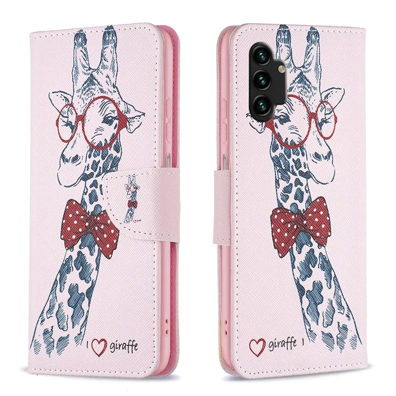 For Samsung Galaxy A13 4G / A13 5G / A04 4G (164.4 x 76.3 x 9.1 mm) Pattern Printing PU Leather Stand Cover Wallet Phone Case - Giraffe