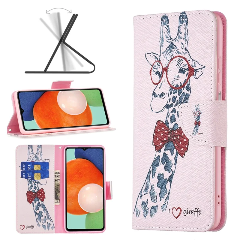 For Samsung Galaxy A13 4G / A13 5G / A04 4G (164.4 x 76.3 x 9.1 mm) Pattern Printing PU Leather Stand Cover Wallet Phone Case - Giraffe