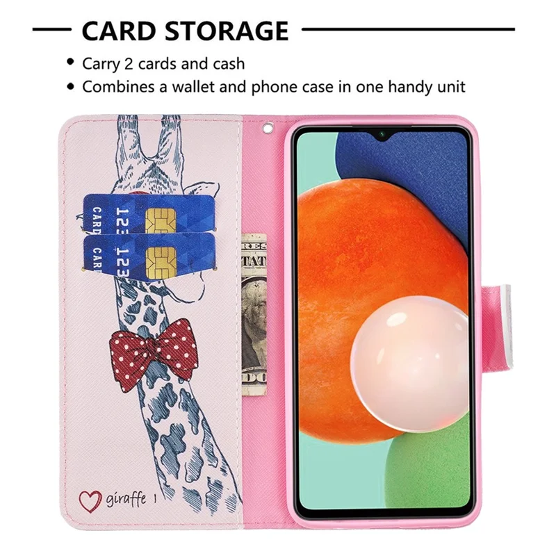For Samsung Galaxy A13 4G / A13 5G / A04 4G (164.4 x 76.3 x 9.1 mm) Pattern Printing PU Leather Stand Cover Wallet Phone Case - Giraffe