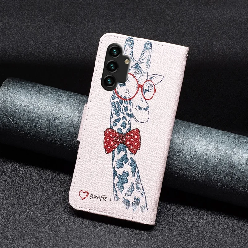 For Samsung Galaxy A13 4G / A13 5G / A04 4G (164.4 x 76.3 x 9.1 mm) Pattern Printing PU Leather Stand Cover Wallet Phone Case - Giraffe