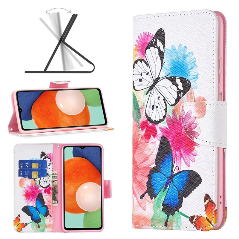For Samsung Galaxy A13 4G / A13 5G / A04 4G (164.4 x 76.3 x 9.1 mm) Pattern Printing PU Leather Stand Cover Wallet Phone Case - Two Butterflies
