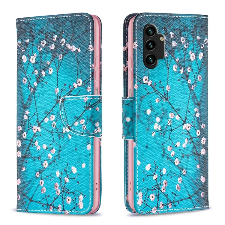 Pour Samsung Galaxy A13 4G / A13 5G / A04 4G (164,4 x 76,3 x 9,1 mm) Impression de motifs Étui portefeuille en cuir PU avec support - Fleur de prune