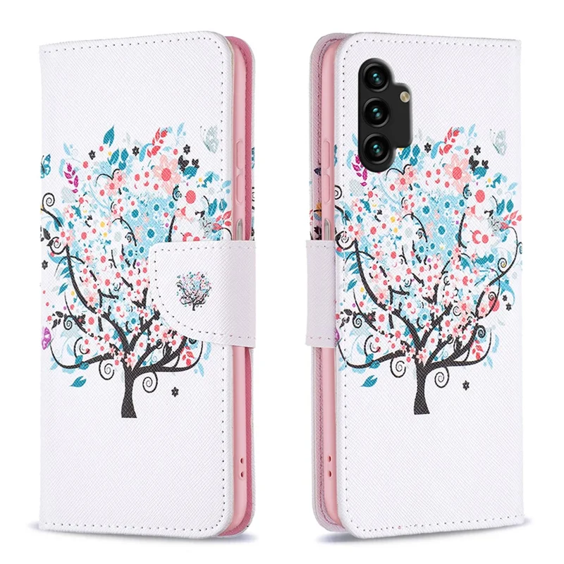 For Samsung Galaxy A13 4G / A13 5G / A04 4G (164.4 x 76.3 x 9.1 mm) Pattern Printing PU Leather Stand Cover Wallet Phone Case - Flower Tree