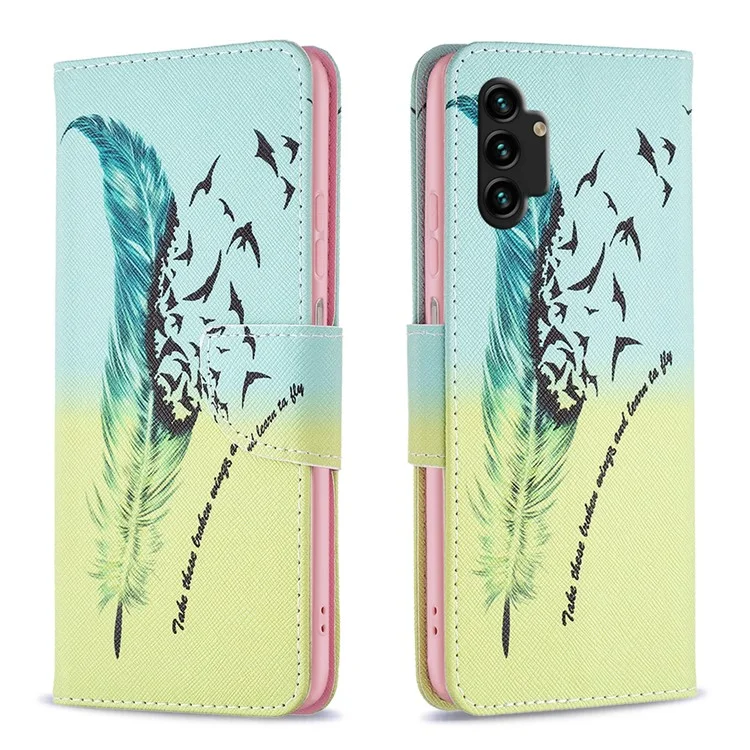 Pour Samsung Galaxy A13 4G / A13 5G / A04 4G (164,4 x 76,3 x 9,1 Mm) Patché Impression PU en Cuir Couvercle du Portefeuille Portefeuille Écouteur - Plume et Oiseaux