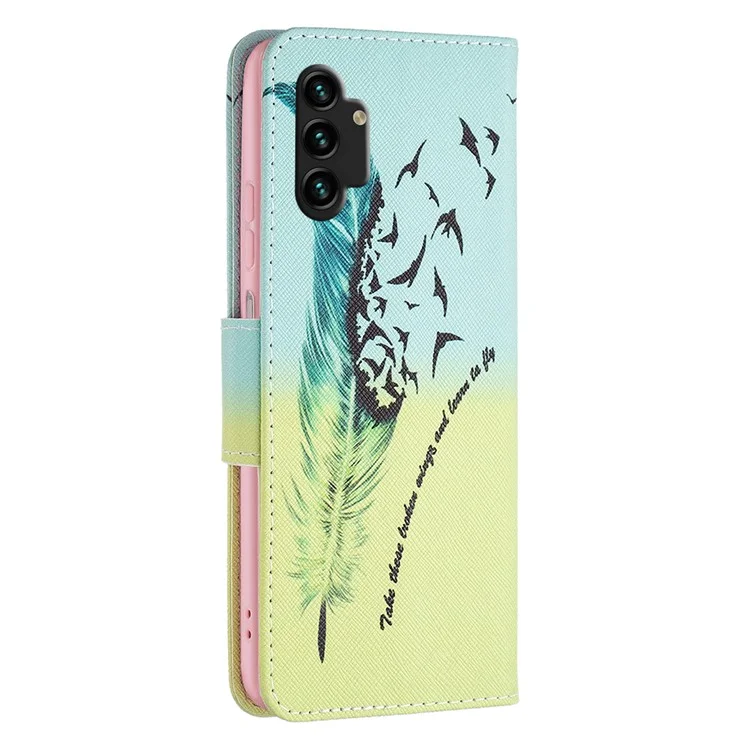 Pour Samsung Galaxy A13 4G / A13 5G / A04 4G (164,4 x 76,3 x 9,1 mm) Motif imprimé Étui de protection en cuir PU avec support - Plume et oiseaux