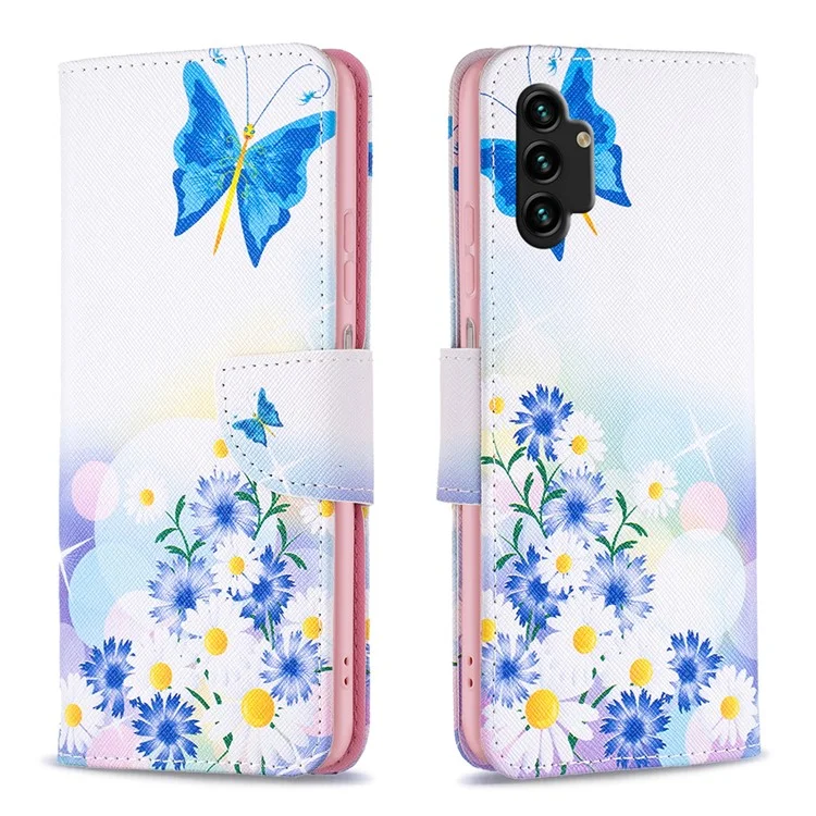 Pour Samsung Galaxy A13 4G / A13 5G / A04 4G (164,4 x 76,3 x 9,1 Mm) Patché Impression PU en Cuir Couvercle du Portefeuille Portefeuille Écouteur - Papillon et Fleurs