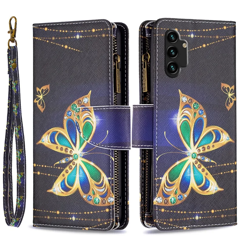 Etui BF03 z nadrukiem wzoru do telefonu Samsung Galaxy A13 4G / A13 5G / A04 4G (164,4 mm), skórzane etui z zamkiem, portfel z uchwytem i paskiem – biżuteria motyl