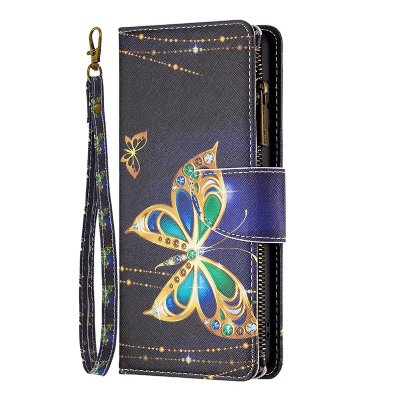 Etui BF03 z nadrukiem wzoru do telefonu Samsung Galaxy A13 4G / A13 5G / A04 4G (164,4 mm), skórzane etui z zamkiem, portfel z uchwytem i paskiem – biżuteria motyl