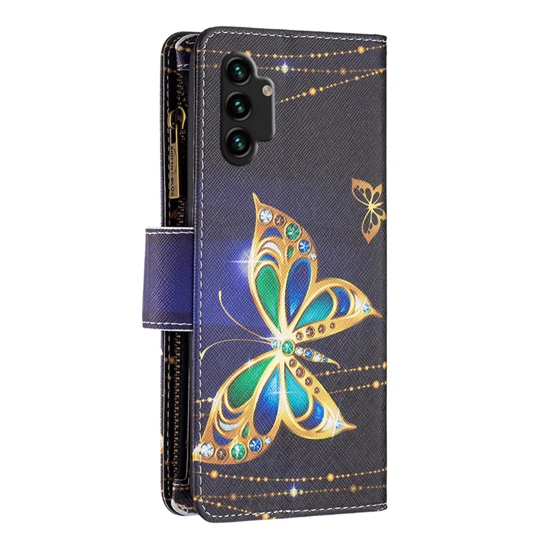 Etui BF03 z nadrukiem wzoru do telefonu Samsung Galaxy A13 4G / A13 5G / A04 4G (164,4 mm), skórzane etui z zamkiem, portfel z uchwytem i paskiem – biżuteria motyl
