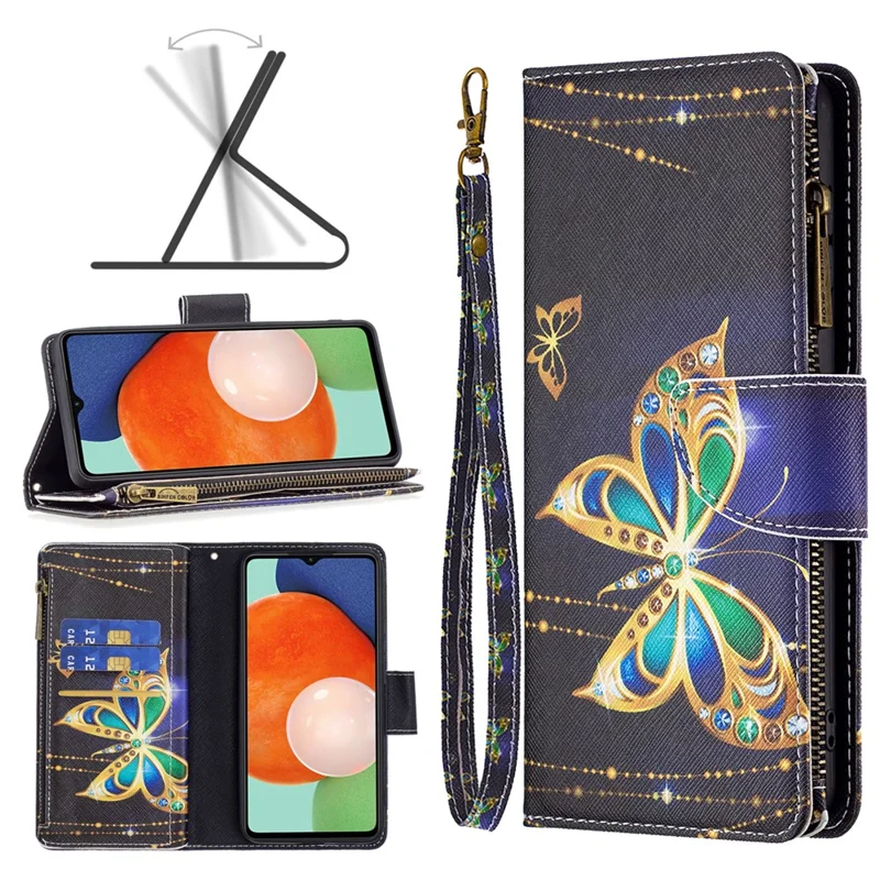 Etui BF03 z nadrukiem wzoru do telefonu Samsung Galaxy A13 4G / A13 5G / A04 4G (164,4 mm), skórzane etui z zamkiem, portfel z uchwytem i paskiem – biżuteria motyl