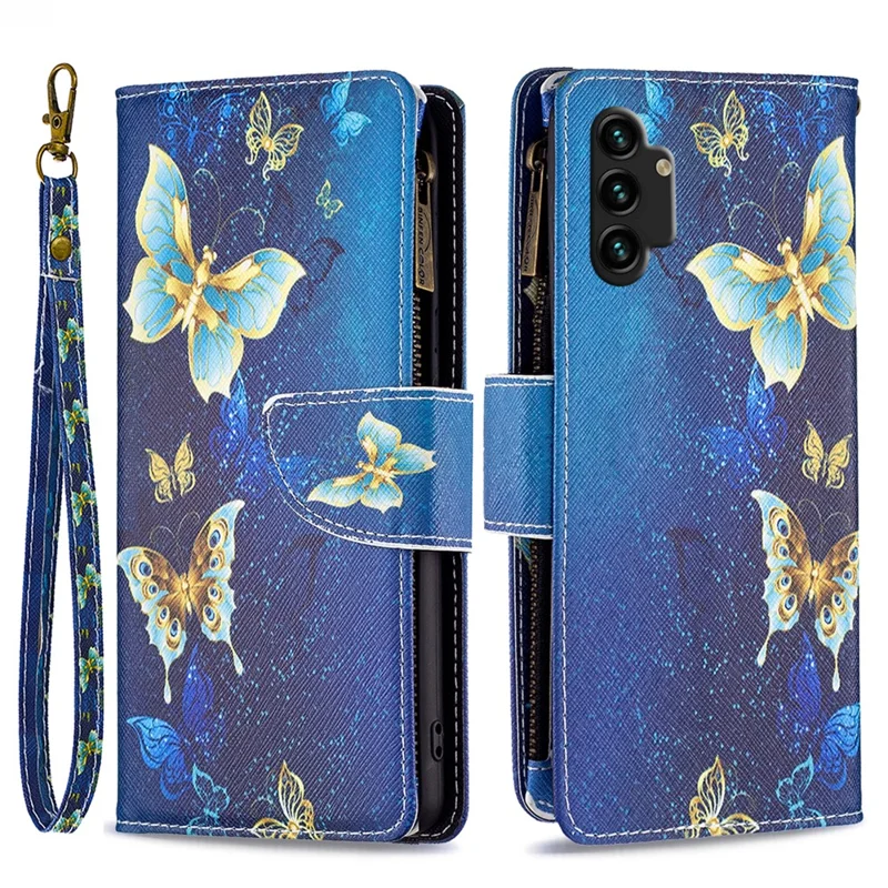 BF03 Mønsterprintet telefonbeskytning til Samsung Galaxy A13 4G / A13 5G / A04 4G (164,4 mm) PU-læder med lynlås, tegnebog og stander med stropløsning - Gyldne sommerfugle