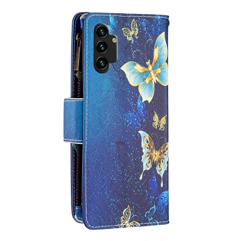 BF03 Mønsterprintet telefonbeskytning til Samsung Galaxy A13 4G / A13 5G / A04 4G (164,4 mm) PU-læder med lynlås, tegnebog og stander med stropløsning - Gyldne sommerfugle