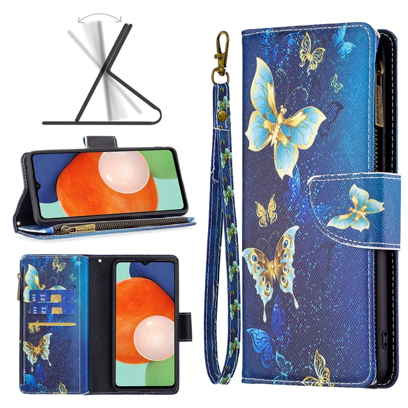 BF03 Mønsterprintet telefonbeskytning til Samsung Galaxy A13 4G / A13 5G / A04 4G (164,4 mm) PU-læder med lynlås, tegnebog og stander med stropløsning - Gyldne sommerfugle