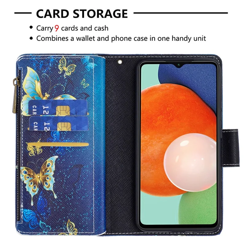 BF03 Mønsterprintet telefonbeskytning til Samsung Galaxy A13 4G / A13 5G / A04 4G (164,4 mm) PU-læder med lynlås, tegnebog og stander med stropløsning - Gyldne sommerfugle