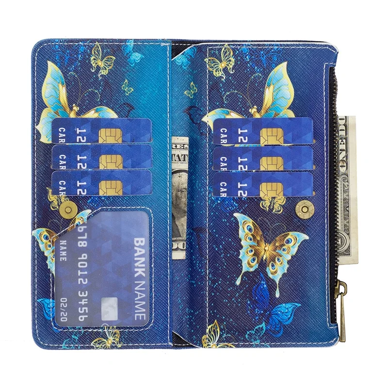 BF03 Mønsterprintet telefonbeskytning til Samsung Galaxy A13 4G / A13 5G / A04 4G (164,4 mm) PU-læder med lynlås, tegnebog og stander med stropløsning - Gyldne sommerfugle