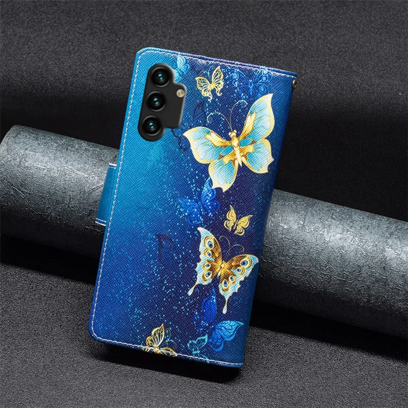 BF03 Mønsterprintet telefonbeskytning til Samsung Galaxy A13 4G / A13 5G / A04 4G (164,4 mm) PU-læder med lynlås, tegnebog og stander med stropløsning - Gyldne sommerfugle