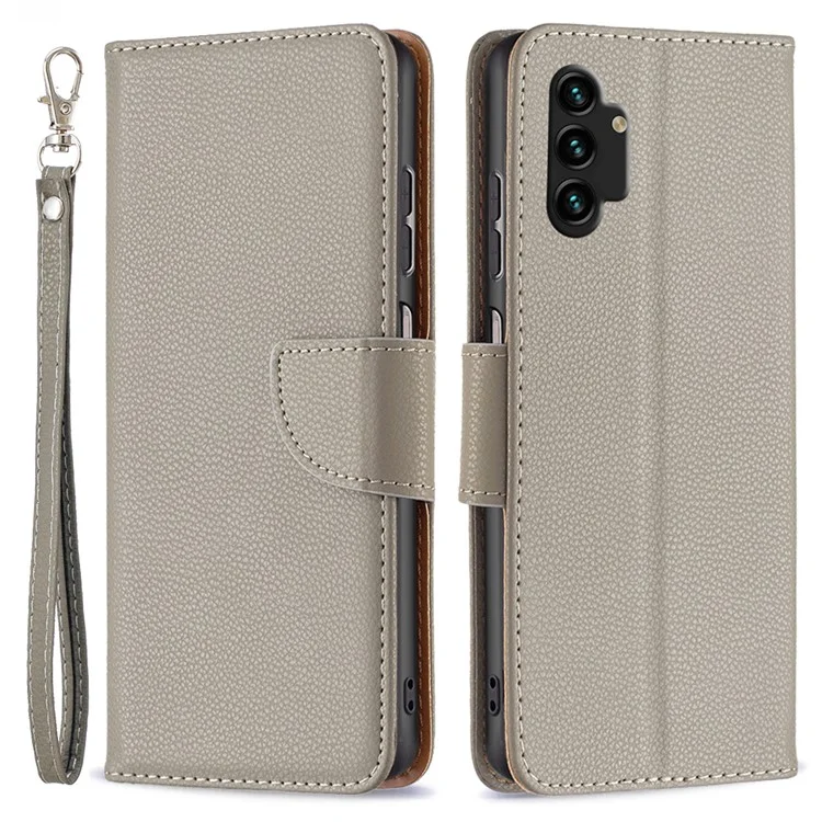 Für Samsung Galaxy A13 4G / A13 5G / A04 4G (164,4 x 76,3 x 9,1 mm) Magnetverschluss Litchi-Struktur PU-Leder-Geldbörse Einfarbige Handyhülle mit Gurt - Grau