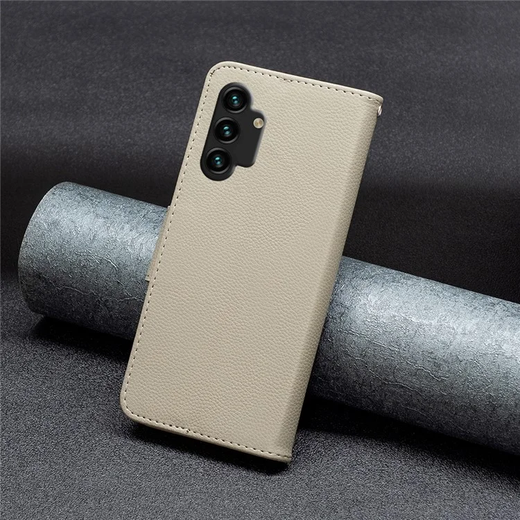 Für Samsung Galaxy A13 4G / A13 5G / A04 4G (164,4 x 76,3 x 9,1 mm) Magnetverschluss Litchi-Struktur PU-Leder-Geldbörse Einfarbige Handyhülle mit Gurt - Grau
