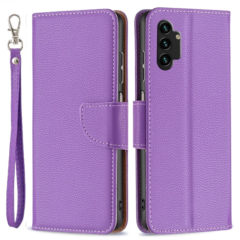 For Samsung Galaxy A13 4G / A13 5G / A04 4G (164.4 x 76.3 x 9.1 mm) Magnetic Closure Litchi Texture PU Leather Wallet Solid Color Cell Phone Cover with Strap - Purple