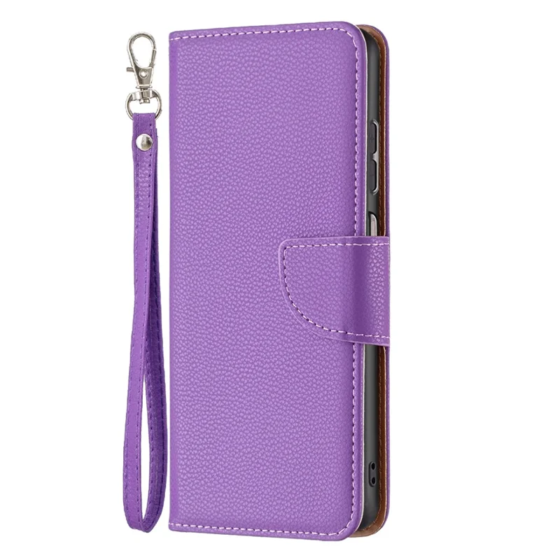 For Samsung Galaxy A13 4G / A13 5G / A04 4G (164.4 x 76.3 x 9.1 mm) Magnetic Closure Litchi Texture PU Leather Wallet Solid Color Cell Phone Cover with Strap - Purple