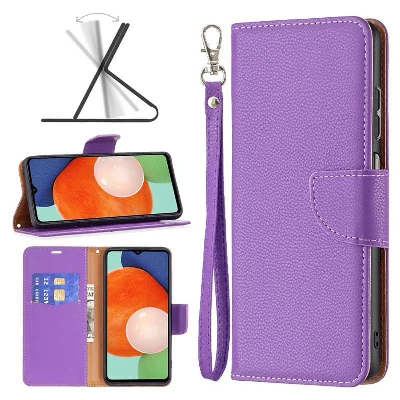 For Samsung Galaxy A13 4G / A13 5G / A04 4G (164.4 x 76.3 x 9.1 mm) Magnetic Closure Litchi Texture PU Leather Wallet Solid Color Cell Phone Cover with Strap - Purple