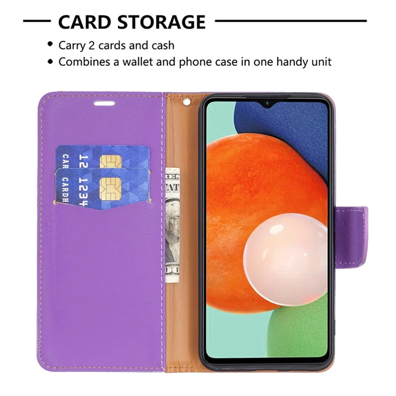 For Samsung Galaxy A13 4G / A13 5G / A04 4G (164.4 x 76.3 x 9.1 mm) Magnetic Closure Litchi Texture PU Leather Wallet Solid Color Cell Phone Cover with Strap - Purple
