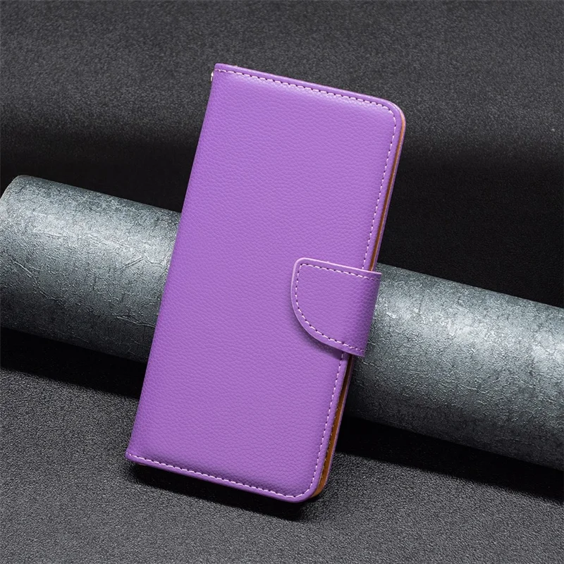 For Samsung Galaxy A13 4G / A13 5G / A04 4G (164.4 x 76.3 x 9.1 mm) Magnetic Closure Litchi Texture PU Leather Wallet Solid Color Cell Phone Cover with Strap - Purple