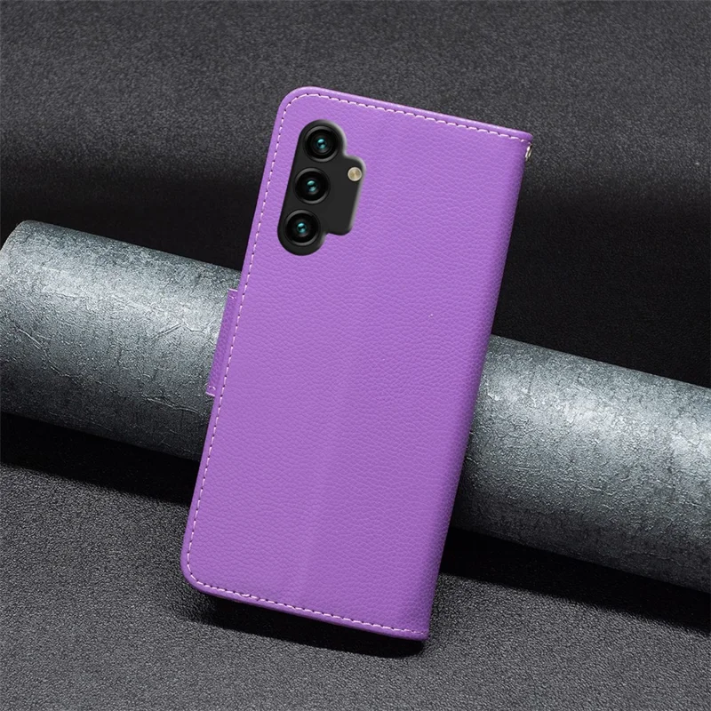 For Samsung Galaxy A13 4G / A13 5G / A04 4G (164.4 x 76.3 x 9.1 mm) Magnetic Closure Litchi Texture PU Leather Wallet Solid Color Cell Phone Cover with Strap - Purple