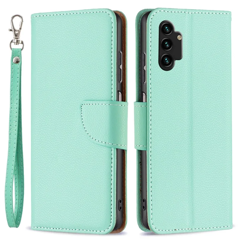 For Samsung Galaxy A13 4G / A13 5G / A04 4G (164.4 x 76.3 x 9.1 mm) Magnetic Closure Litchi Texture PU Leather Wallet Solid Color Cell Phone Cover with Strap - Green