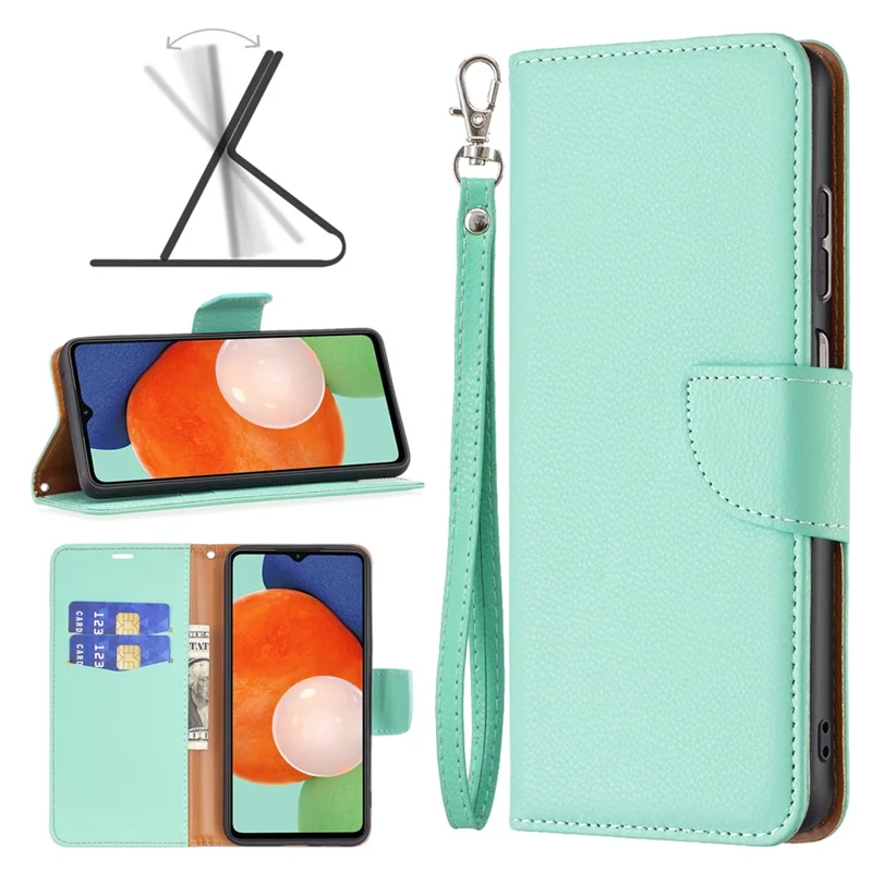 For Samsung Galaxy A13 4G / A13 5G / A04 4G (164.4 x 76.3 x 9.1 mm) Magnetic Closure Litchi Texture PU Leather Wallet Solid Color Cell Phone Cover with Strap - Green